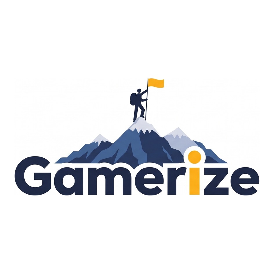 GAMERIZE logo: a climber planting a flag on a mountain summit